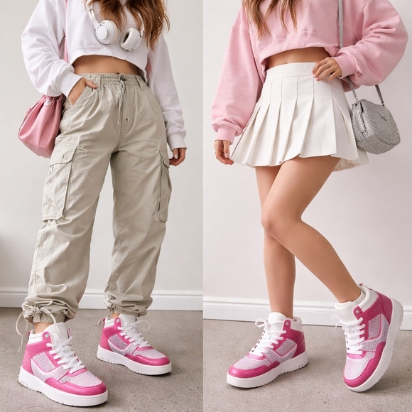 ✨Rhinestone Pink High Top La Sheela Sneakers Sz 8.5 Y2K Glam Streetwear✨ - Picture 9 of 10
